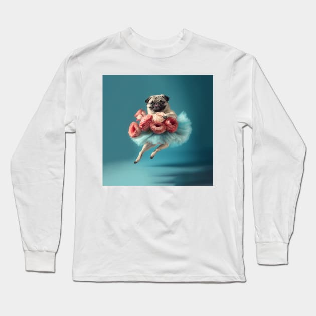 Pug Dog Dancing Ballerina TuTu Long Sleeve T-Shirt by candiscamera